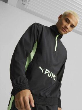 Puma Fit Heritage woven 1/2 Zip in black and green